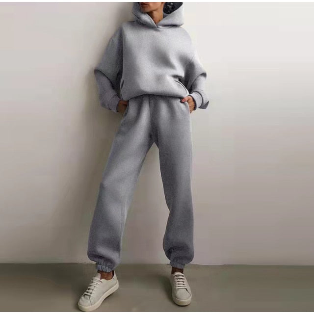 Women Elegant Solid Sets For Women Warm Hoodie Sweatshirts And Long Pant Fashion Two Piece Sets Ladies