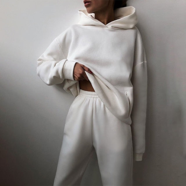 Women Elegant Solid Sets For Women Warm Hoodie Sweatshirts And Long Pant Fashion Two Piece Sets Ladies