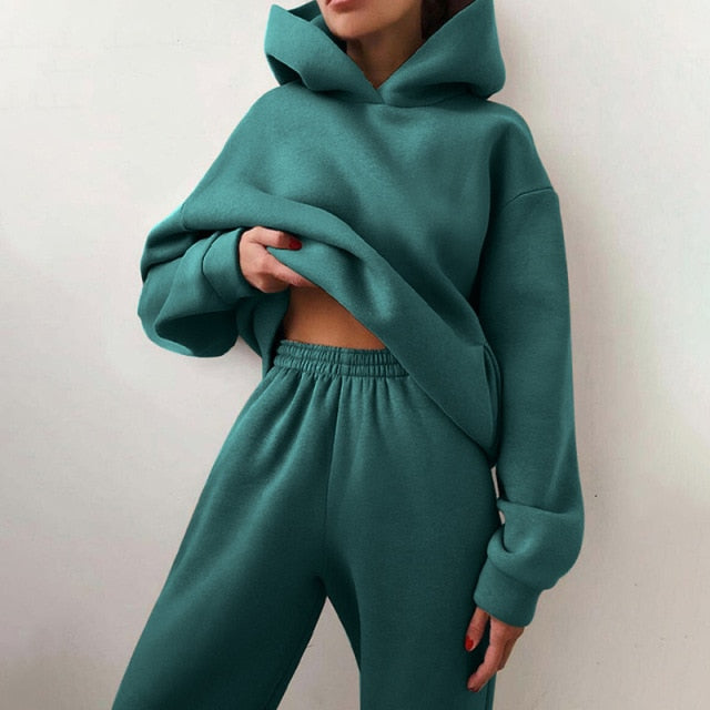 Women Elegant Solid Sets For Women Warm Hoodie Sweatshirts And Long Pant Fashion Two Piece Sets Ladies