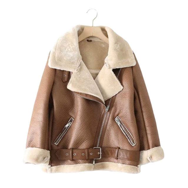 Za Fur Long Sleeved Loose Belt Warm Women's Jacket Lamb Wool Winter Thickened Locomotive Lapel Female Coat Beige Black Chic PU