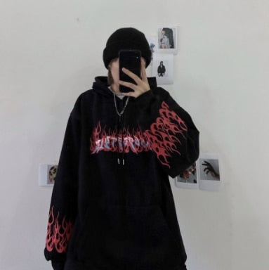 Harajuku Oversized Women Hoodies Casual Flame Print Sweatshirt Korean Style Autumn Long Sleeve Hooded Female Pullovers Tops