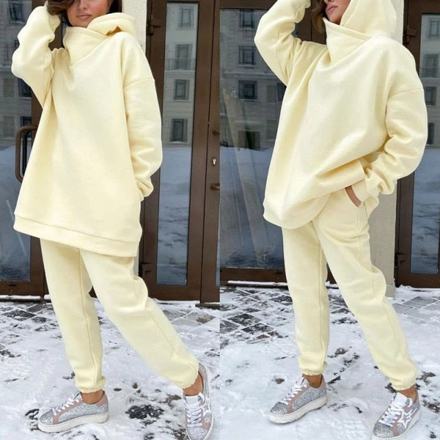 Women Elegant Solid Sets For Women Warm Hoodie Sweatshirts And Long Pant Fashion Two Piece Sets Ladies