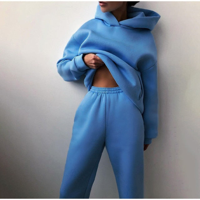 Women's Tracksuit Casual Solid Long Sleeve Hooded Sport Suits Autumn Warm Hoodie Sweatshirts and Long Pant Fleece Two Piece Sets