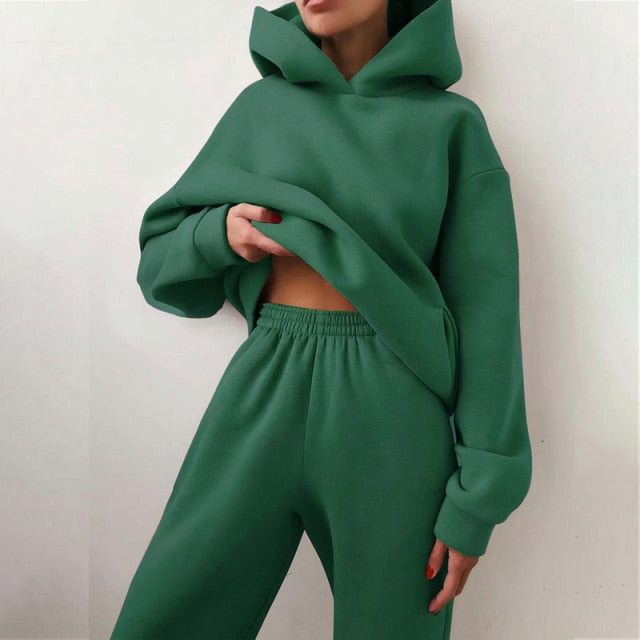 Women's Tracksuit Casual Solid Long Sleeve Hooded Sport Suits Autumn Warm Hoodie Sweatshirts and Long Pant Fleece Two Piece Sets