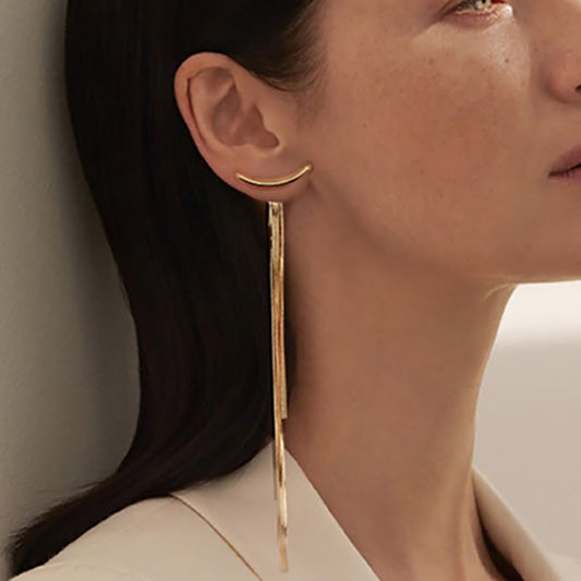 Korean Vintage Glossy Arc Bar Long Thread Tassel Drop Earrings for Women Gold Geometric Fashion Jewelry Hanging Pendientes