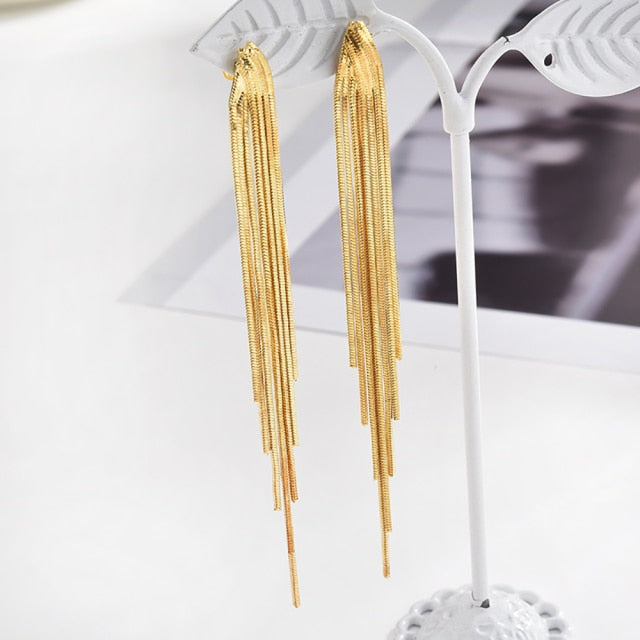 Korean Vintage Glossy Arc Bar Long Thread Tassel Drop Earrings for Women Gold Geometric Fashion Jewelry Hanging Pendientes