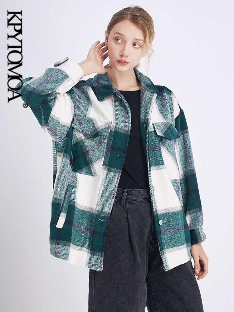 Vintage Stylish Pockets Oversized Plaid Jacket Coat Women Fashion Lapel Collar Long Sleeve Loose Outerwear Chic Tops