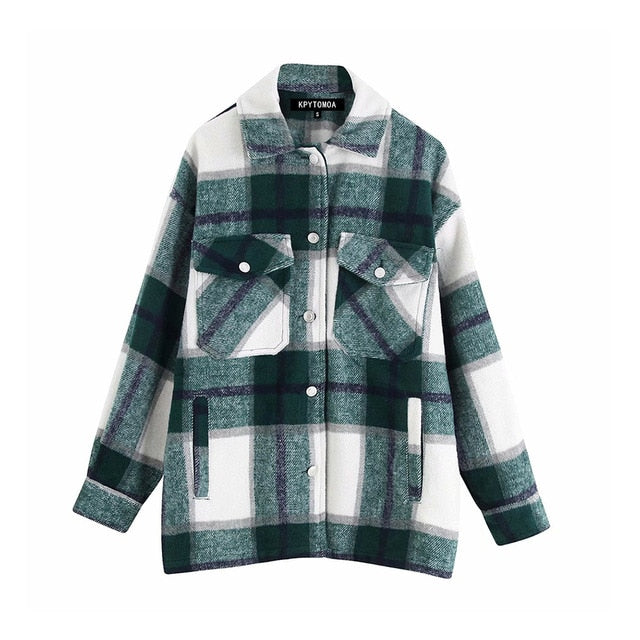 Vintage Stylish Pockets Oversized Plaid Jacket Coat Women Fashion Lapel Collar Long Sleeve Loose Outerwear Chic Tops