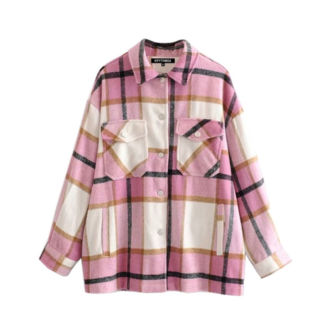 Vintage Stylish Pockets Oversized Plaid Jacket Coat Women Fashion Lapel Collar Long Sleeve Loose Outerwear Chic Tops