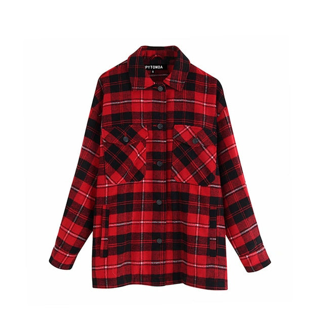 Vintage Stylish Pockets Oversized Plaid Jacket Coat Women Fashion Lapel Collar Long Sleeve Loose Outerwear Chic Tops