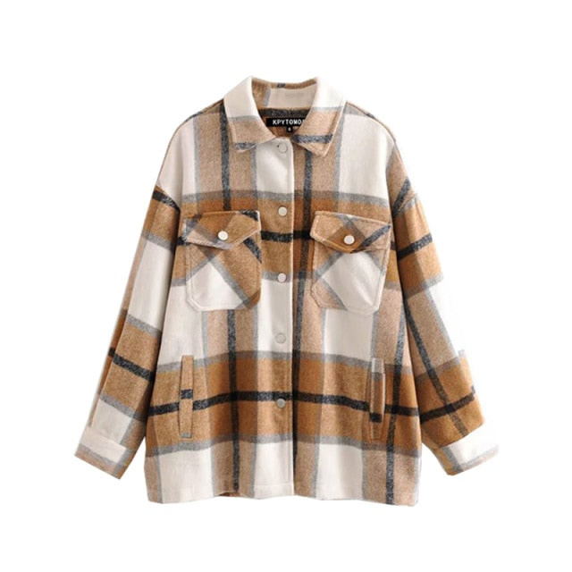 Vintage Stylish Pockets Oversized Plaid Jacket Coat Women Fashion Lapel Collar Long Sleeve Loose Outerwear Chic Tops