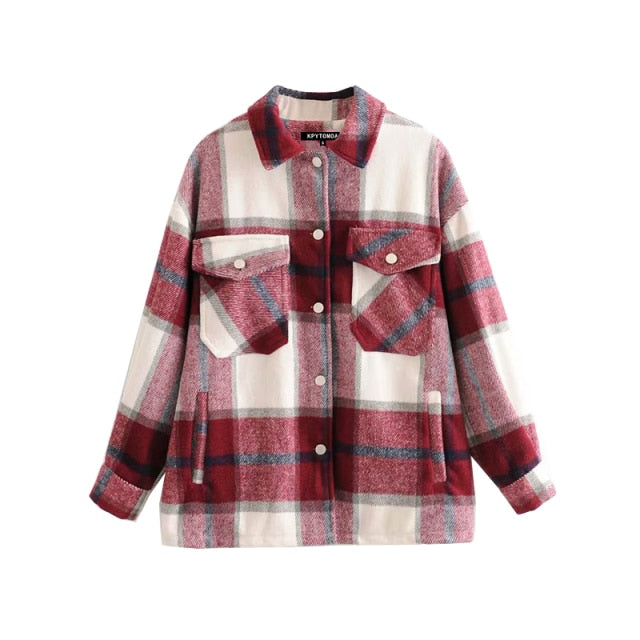 Vintage Stylish Pockets Oversized Plaid Jacket Coat Women Fashion Lapel Collar Long Sleeve Loose Outerwear Chic Tops